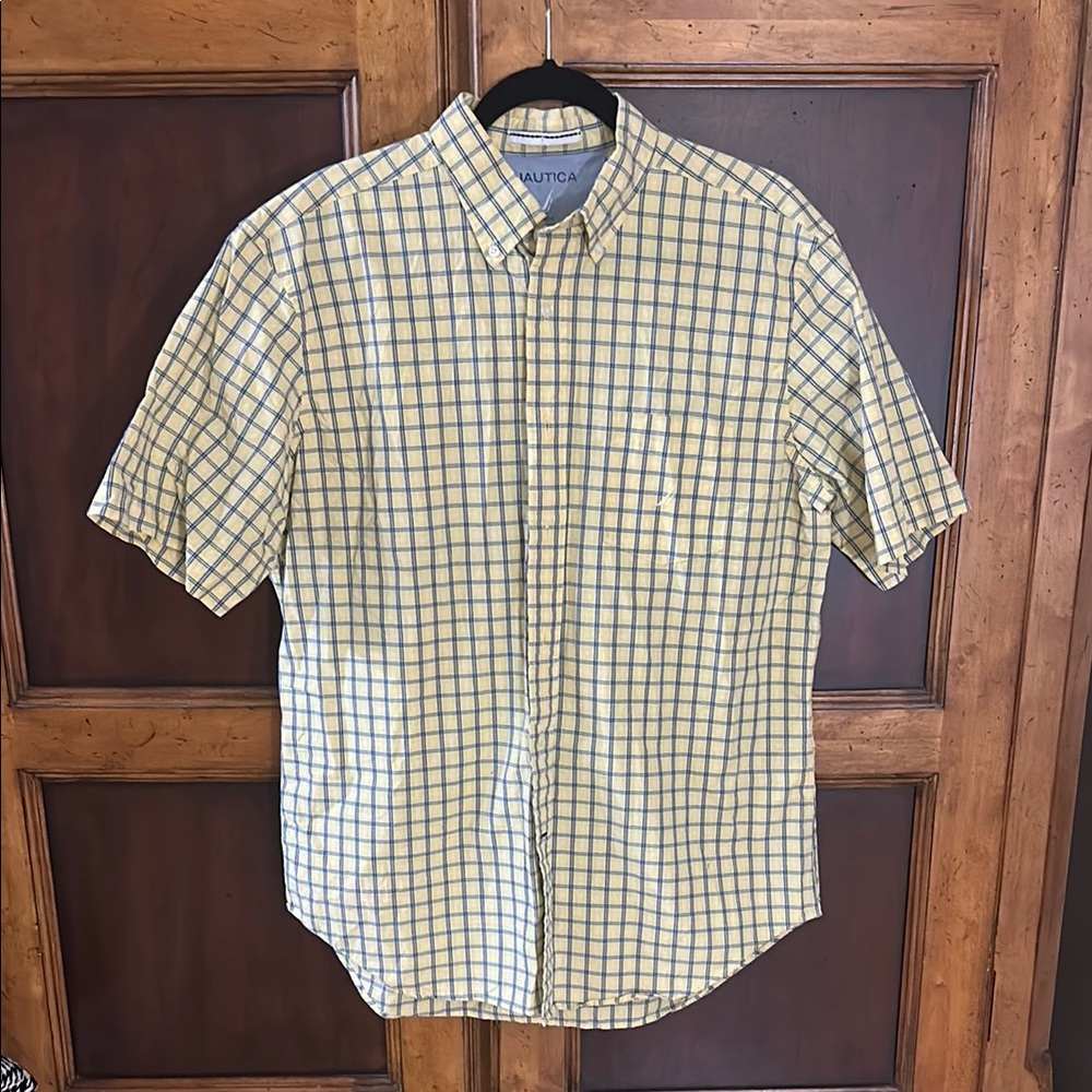 Nautica Short-Sleeve Yellow and Blue Plaid Button-Down Shirt